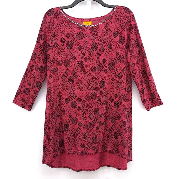 Ruby Rd Shirt Womens Medium Pink Beaded Long Sleeve Tunic Blouse - Picture 1 of 7